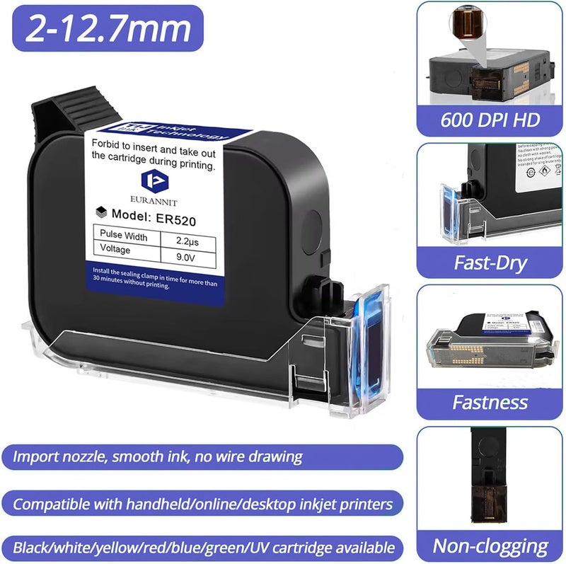 Eurannit Original Black Ink Cartridge ER520, 42ml Quick Dry Solvent Ink Replacement for 0.5inch/12.7mm Handheld Inkjet Printer E11 / E15 / E19 / E98/ XMINI - Image 3